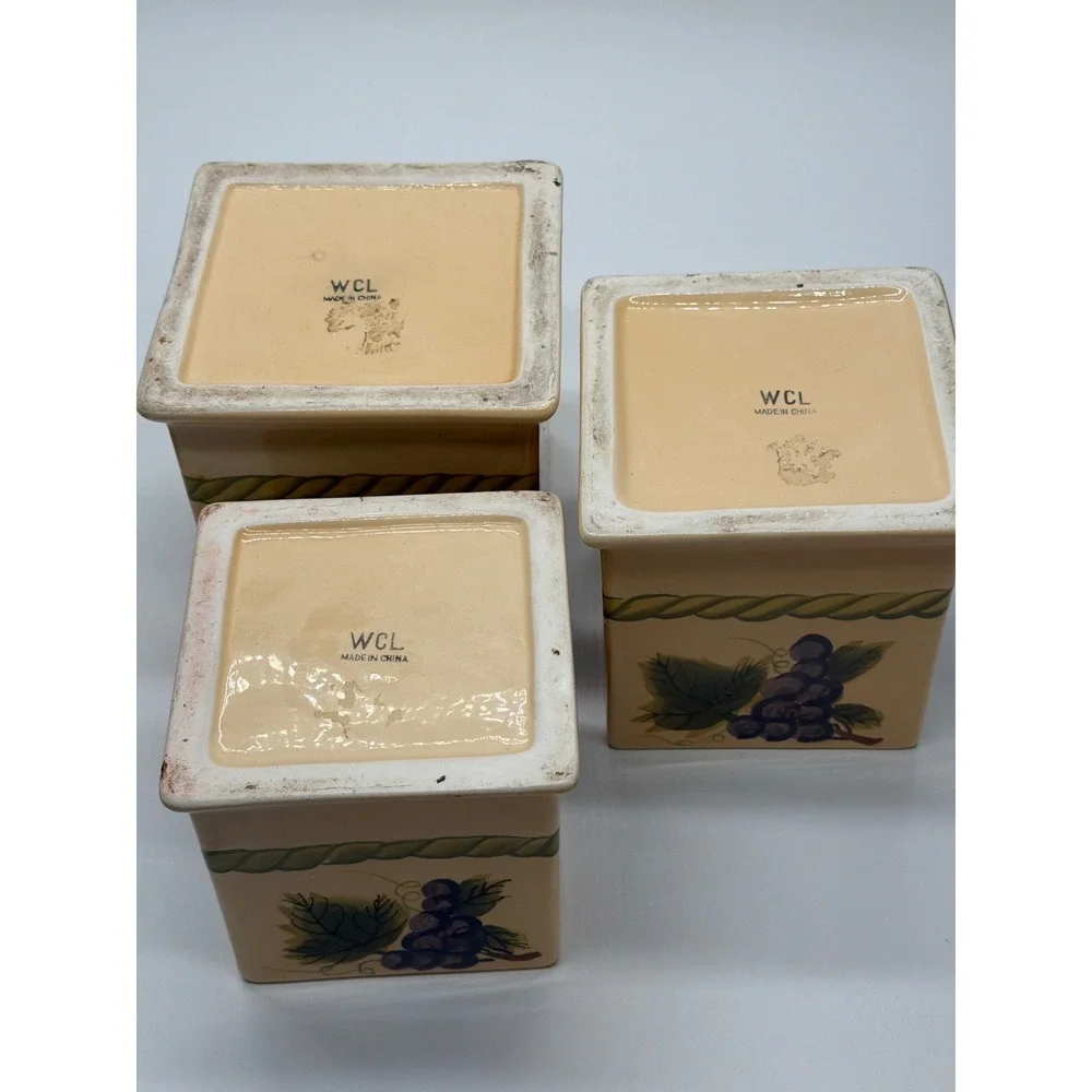 WCL Vintage Ceramic Grape Canister Set 3 Piece Tuscan Kitchen Decor Cream Purple